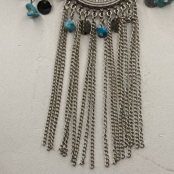 BOHO STYLE COLLAR BIB TURQUOISE CHIPS SILVER TONE 20" Tassel Drop Necklace - Picture 6 of 8